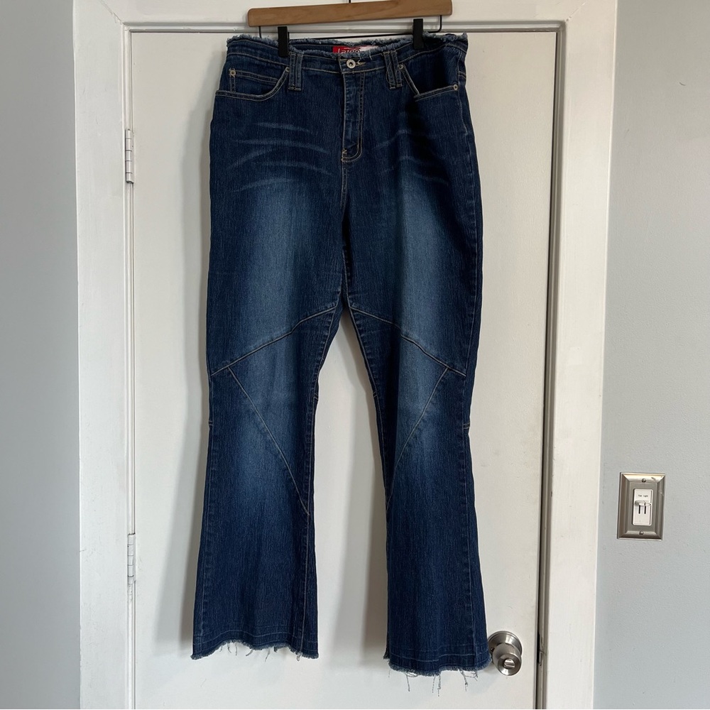 Y2K Lazer Jeans flare denim raw hem blue jeans slit women’s plus size 16 seam 34